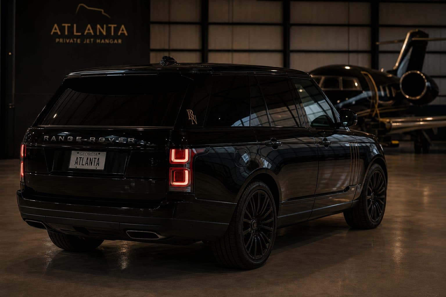Black luxury SUV with a gold BANK monogram on the rear quarter