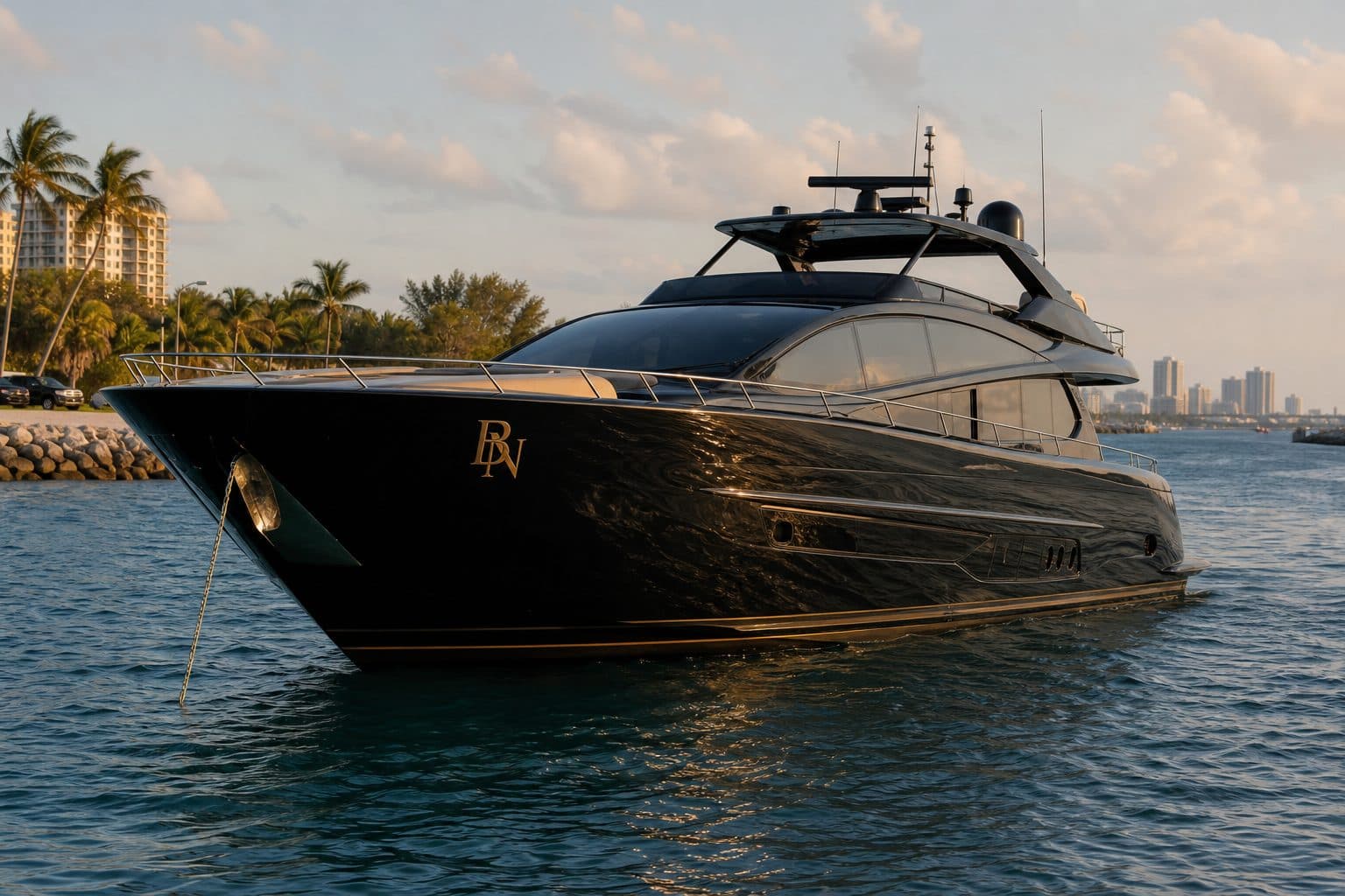 Black motor yacht with a gold BANK monogram on the hull